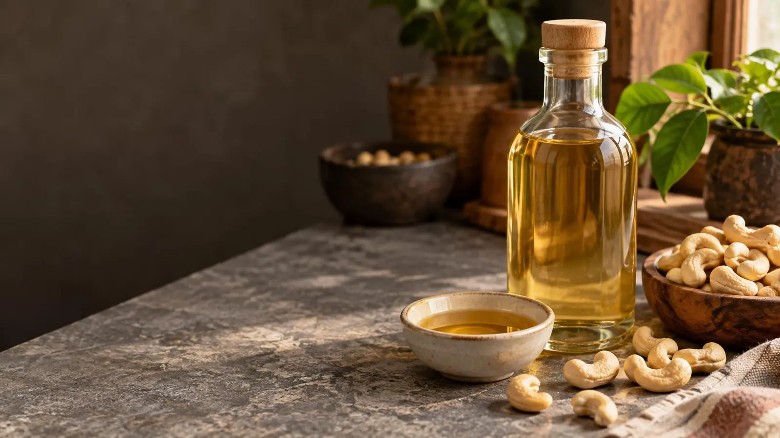Illustrative glass bottle of golden cashew nut oil beside whole cashews