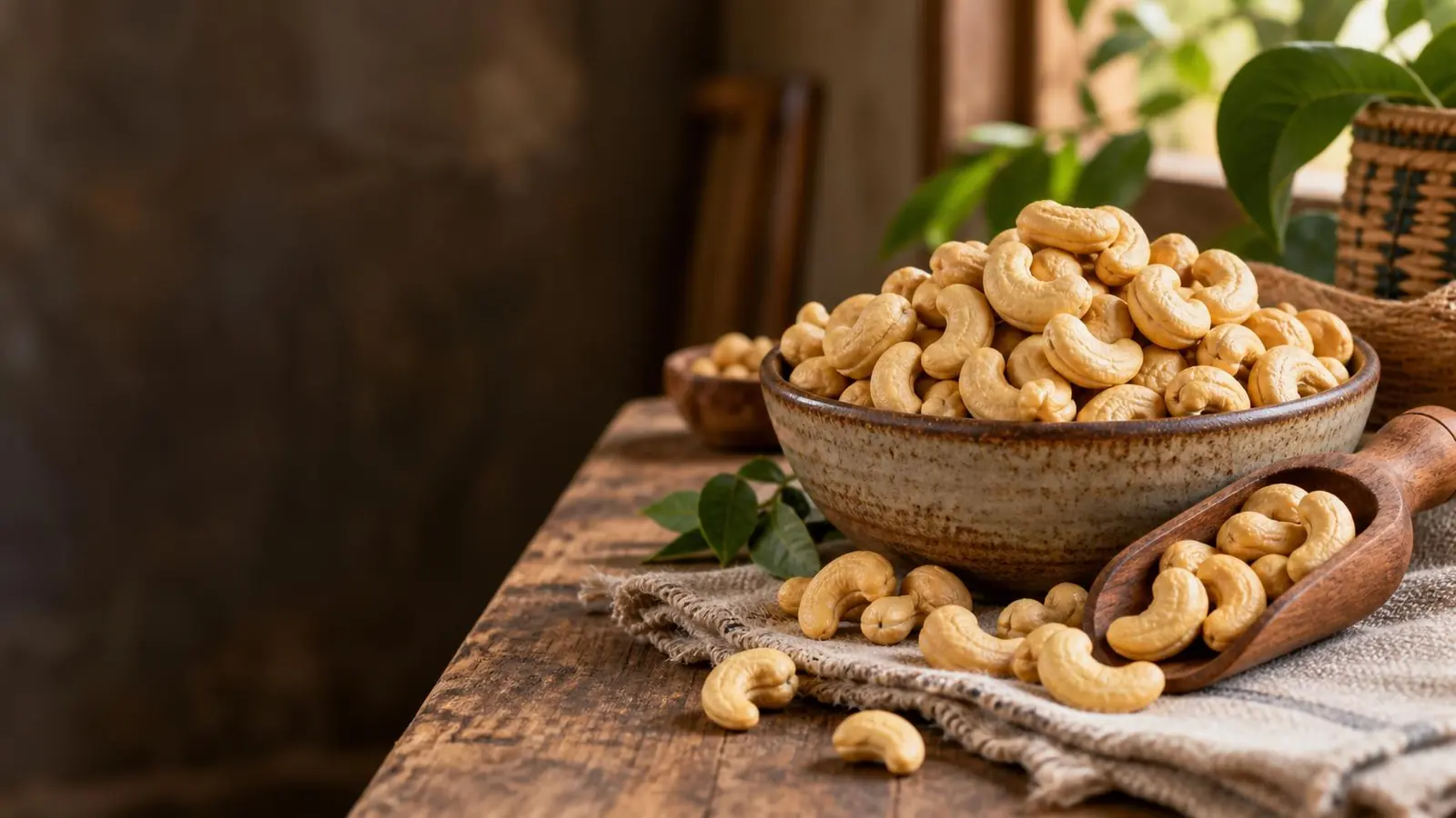 Illustrative bowl of whole cashews with a wooden scoop on a pantry table