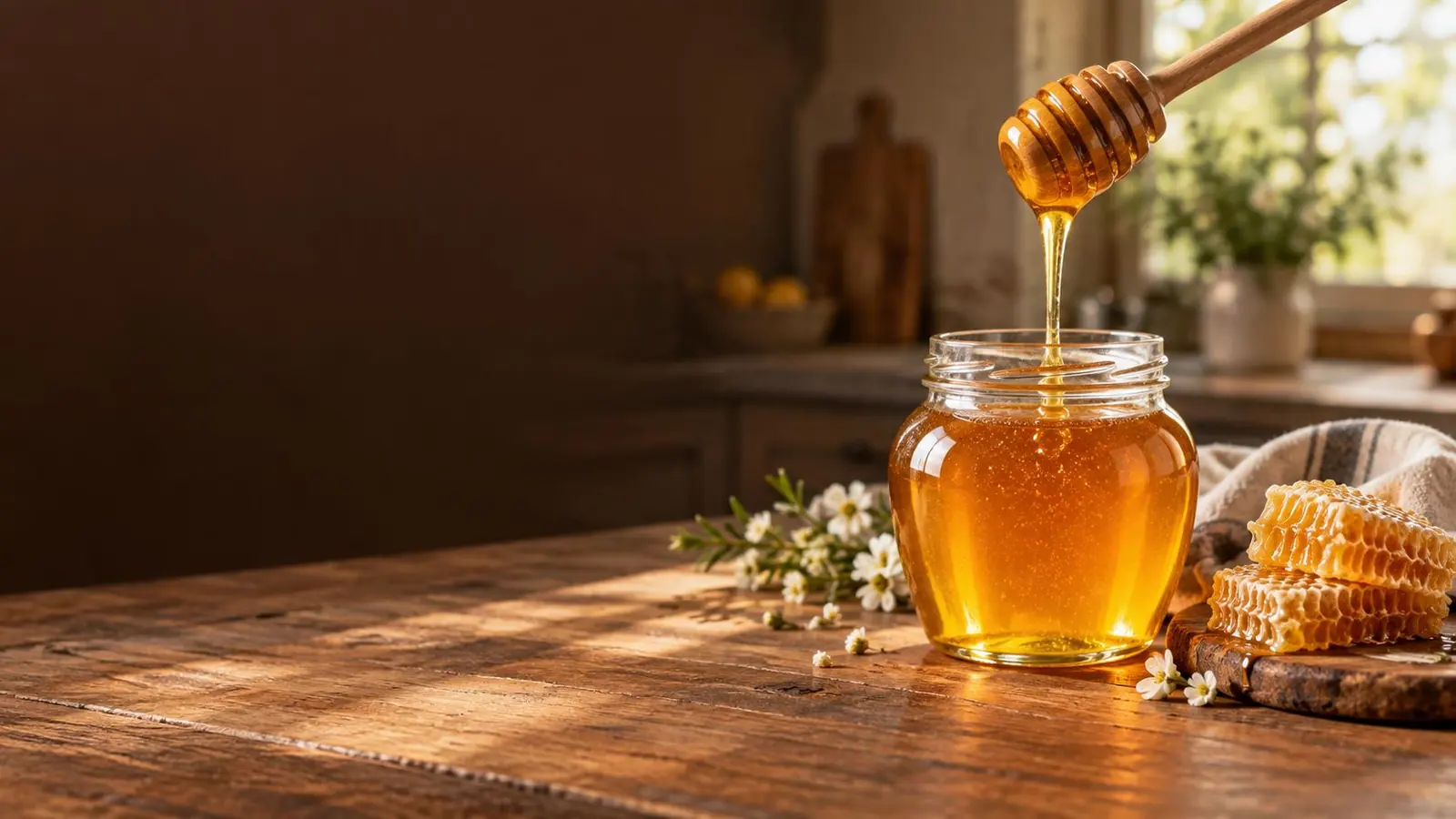 Illustrative honey jar with golden honey pouring from a wooden dipper