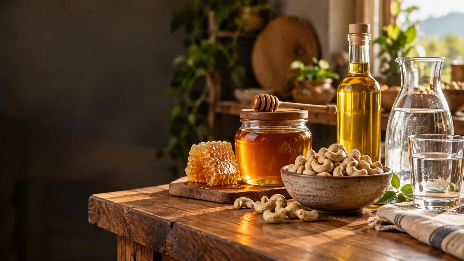 Illustrative arrangement of honey, cashews, cashew nut oil and drinking water
