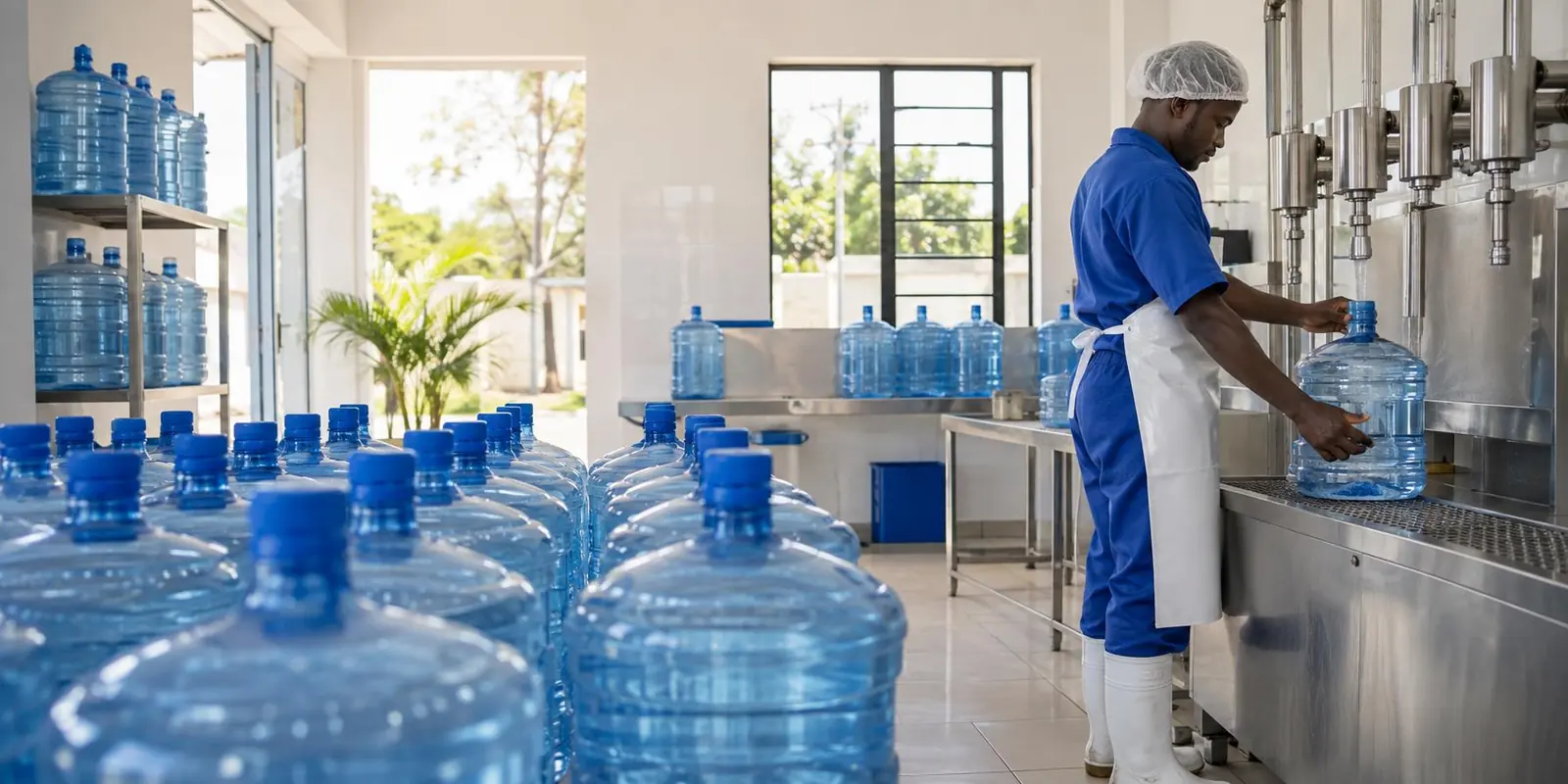 Illustration of rows of 20 litre water cans and a worker filling a container